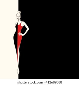 Abstract pattern of a white  girl (model) in a dress (red and black), the logo Beauty, fashion pattern, women shop,  trendy stylish texture . Color vector prints  design
