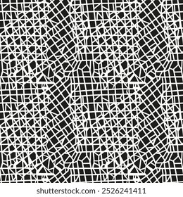 Abstract pattern with white line on black background. Seamless for banner, paper, fabric. Monochrome.