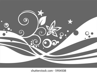 Abstract pattern from white strips and flowers on a gray background.