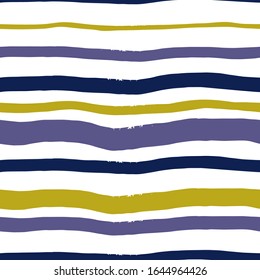 Abstract pattern with wobbly horizontal brush lines different thickness in purple and golden yellow shades on white background. Seamless vector pattern.