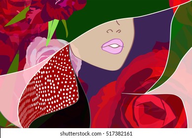 Abstract pattern woman in hat Red pink rose ,  floral  background, dress,  fashion art, fragrance, perfume,  trendy stylish texture spring summer fall, cosmetics, beauty. Color vector prints, Makeup