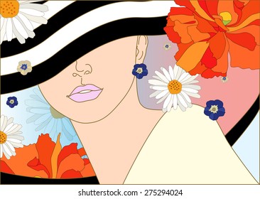 Abstract pattern woman with hat in striped ( white and black) ,  floral  background (daisy, poppy),  yellow dress,  fashion art, fragrance, perfume,  trendy stylish texture spring summer, cosmetics
