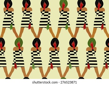 
Abstract pattern of women in striped dresses, hats, gloves, colorful stockings, summer  fashion print design, seamless vector pattern