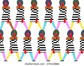 
Abstract pattern of women in striped dresses, hats, gloves, colorful stockings,  fashion print design, seamless vector pattern, trendy stylish texture spring summer