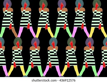 
Abstract pattern of women in striped dresses, hats, gloves, colorful stockings,  fashion print design, color seamless vector pattern, trendy stylish texture spring summer, Black background