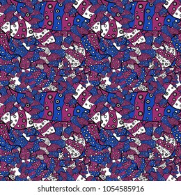 Abstract pattern for wrapping paper Vector illustration. Seamless Sketch nice background. Doodles purple, black and blue on colors.