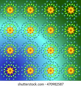 Abstract pattern of yellow and blue colors. Round embroidered flowers on a colorful background.