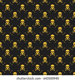 Abstract pattern. Yellow skulls on a black background. Death in the dark. Crossbones. Vector illustration in a flat style. EPS 8