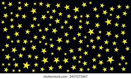 Abstract pattern of yellow stars of different sizes on a black background simulating starry skies