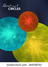 Abstract pattern with yellow, turquoise and orange circles on a dark blue background. Vector graphic template of cover