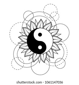 Abstract pattern with Yin and Yang sun, moon, star and geometric elements on white background