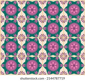 Resumen azulejo con estampado en baldosas, fondo geométrico.Ilustración vectorial, patrón ininterrumpido.Diseño de azulejos de suelo portugués.Papel tapizado de azulejos de suelo de cemento Talavera.Diseño cerámico.