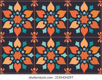 Abstract patterned azulejo floor tile, geometric background.Vector illustration, Portuguese floor tiles azulejo design.Floor cement Talavera tiles wallpaper.Ceramic design.
