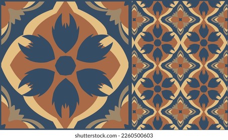 Abstract patterned azulejo floor tile, geometric background. Azulejo tiles pattern, vector texture Portuguese floor tiles azulejo design. Ceramic design, Floor cement Talavera tiles wallpaper.