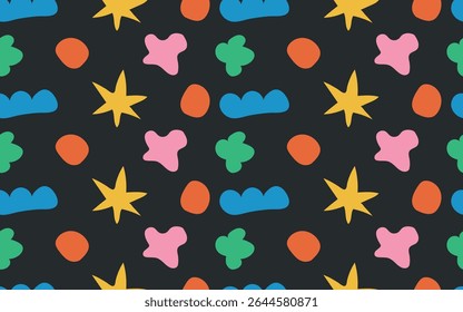 Abstrakter gemusterter Hintergrund mit handgezeichneten bunten Formen. Trendy farbige Design-Vorlage für Grußkarte, Web-Banner, Verpackung, Abdeckung, Textil, Umhüllungspapier.