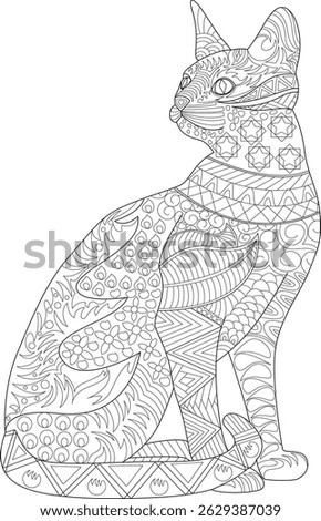 Abstract Patterned Cat Coloring Page, Detailed line art illustration of a sitting cat filled with intricate abstract patterns and designs, suitable for coloring pages or decorative artwork.