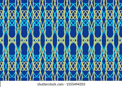 Abstract, patterned composition of curved, swirling, colored, interwoven, vertical lines on a dark background. Vector image.