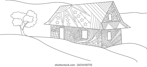 Abstract Patterned Country House Coloring Page, Black and white line art illustration of a countryside house with detailed abstract patterns and a tree, suitable for coloring books or pages.