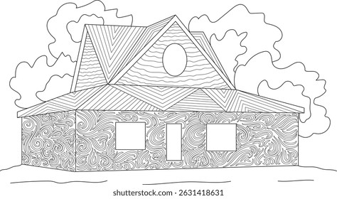 Abstract Patterned Countryside House Line Art, Black and white line drawing of a stylized house in a countryside setting. The illustration features intricate abstract patterns covering the walls and