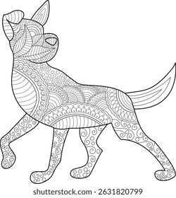 Abstract Patterned Dog Illustration, Black and white line art illustration of a walking dog filled with intricate abstract patterns. Perfect for coloring books, mindfulness activities, and