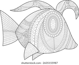 Abstract Patterned Fish Outline for Coloring, Detailed outline drawing of a fish filled with various abstract patterns and shapes, perfect for adult coloring books, anti-stress activities, or as a