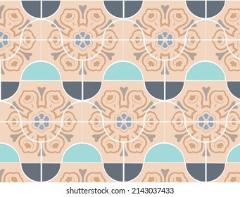 Abstract patterned floor tiles,arabesque geometric background.Vector illustration, seamless mediterranean wallpaper,floor tiles azulejo design.vector Floor cement talavera tiles collection.