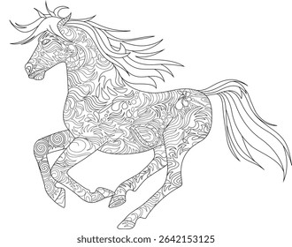 Abstract Patterned Running Horse Line Art, Detailed black and white line art illustration of a running horse filled with intricate abstract patterns, swirls, and shapes, suitable for adult coloring
