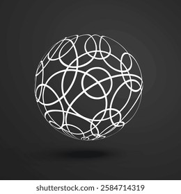 Abstract patterned sphere of tangled curvy, circular white lines on a black background. The intricate pattern creates depth and complexity, resembling a celestial web or a delicate network of light.