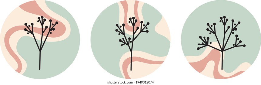 Abstract patterns with dried flowers for highlighting social media covers. Stories. Vector illustration in pastel colors for printing and decoration. Suitable for making stickers. Round icons. 