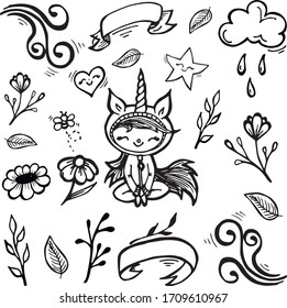 Abstract patterns, flowers, leaves and image of a girl in a unicorn costume in handmade style for concept design. Doodle illustration. Vector template.