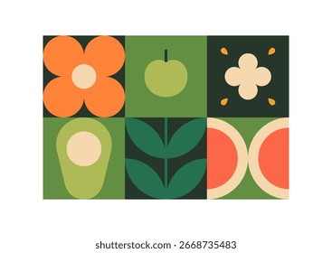 Abstract patterns of fruit and flowers in square frames. Modern collage with nature in cubism style. Green plants, leaves and stems with geometric shapes and figures. Flat vector illustration