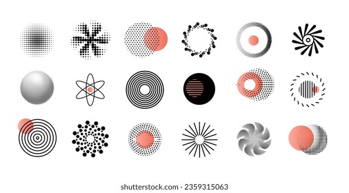 Abstract patterns. Geometry logo design with lines and dots. Geometric flat shapes. Graphic circular icons. Circles collage symbols. Silhouette star forms. Vector exact elements set