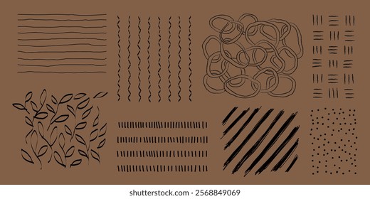 Abstract patterns with lines, loops, and leaves. Lines and loops create dynamic patterns. Leaves add a natural touch. Diverse abstract patterns for design. Element vector set.