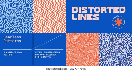 Abstract Patterns with Lines and Waves. Vector Wavy Seamless Backgrounds. Retro Psychedelic Graphic. Liquid Water Texture Illustration