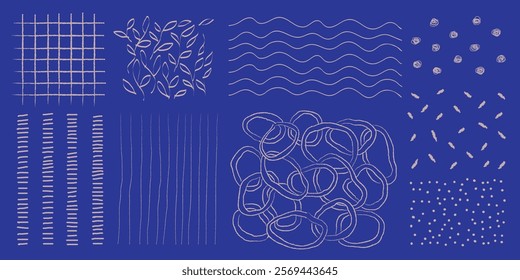 Abstract patterns on a blue background. Patterns include lines, leaves, waves, and dots. Repeated abstract designs create a textured, artistic look. Hand drawn patterns, vector set.