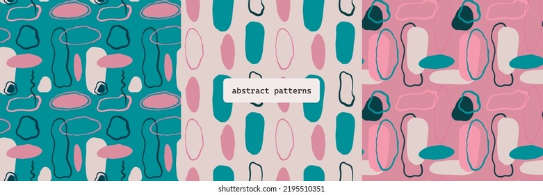 Abstrakte Muster Pazifisches Rosa 3 in 1. Set von rosafarbenen abstrakten Vektormustern, Design-Hintergründen für Poster, Drucke, Booklets und Postkarten. Modische Design-Vorlage. Retro-Hippie-Muster.