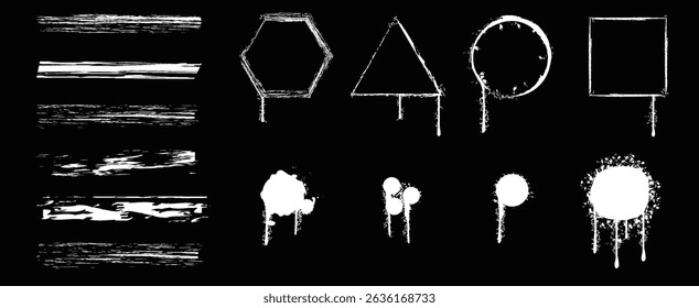 Abstract patterns of paint drips and shapes on black background showcasing creativity and artistic expression.