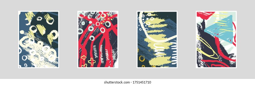 Abstract patterns for Placards, Posters, Flyers and Banner Designs. Colorful illustrations set. Lines, spots, dots and paint strokes. Decorative chaotic backdrop. Hand drawn texture, decor shapes.