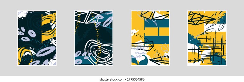 Abstract patterns for Placards, Posters, Flyers and Banner Designs. Colorful illustrations set. Lines, spots, dots and paint strokes. Decorative chaotic backdrop. Hand drawn texture, decor shapes.