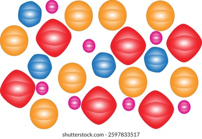 Abstract patterns with round and diamond shapes in red, blue, orange and pink on a white background, give a cheerful and modern impression