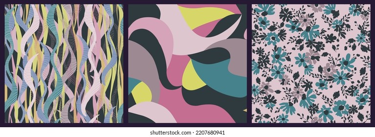 Abstract patterns seamless. Set in vector with elements of plants, with bright waves and spots, on a dark background