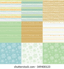 Abstract patterns set. Nine vector seamless doodle linear backgrounds. Ornaments, borders, dividers, stars, brush lines collection. 