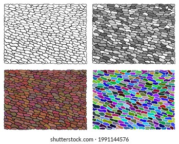 Abstract pavement is laid out diagonally with stones of different shapes. Coloring. Antistress. A set of black and white, colored textures and backgrounds. Illustration. Vector, eps10.