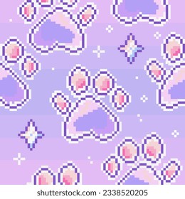 Abstract paw seamless pattern. Seamless pattern with traces of various animals. Cat. Pixel style seamless pattern Cute cartoon style elements 90s style