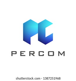 abstract PC letter logo template with blue color gradient