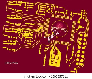 abstract pcb board with yellow, background texture red
