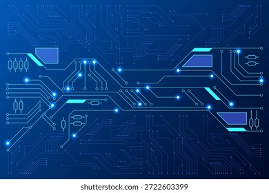 Diseño Abstractas de PCB con líneas azules brillantes, nodos y componentes sobre fondo oscuro, que simbolizan la electrónica.