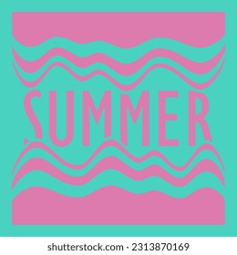 Abstract pcychedelic pink waves on blue background with big text Summer. Vector EPS