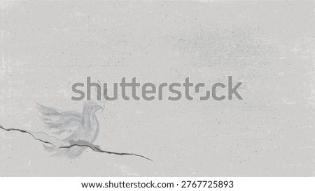 Abstract peace dove with olive branch brushstrokes childish style painted on old cement wall grain texture background graphic illustration have blank space.