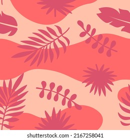 Abstract Peach Magenta Summer Seamless Pattern With Copy Space for Text. Bright Tropical Leaves And Plants in Simple Minimal Style.